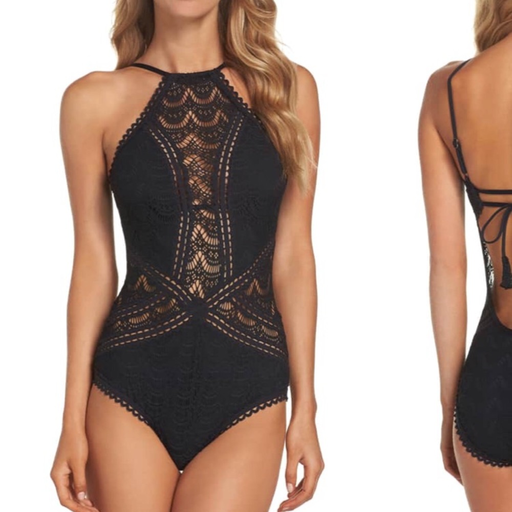NWT Becca Black High Neck Crochet One-Piece Medium